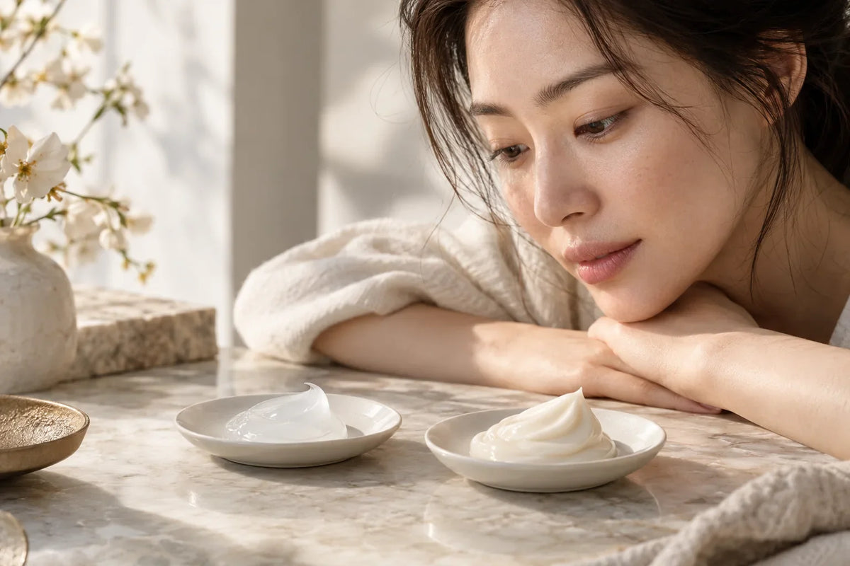 Donna osserva due texture di crema viso, una gel e una più ricca, su piattini chiari