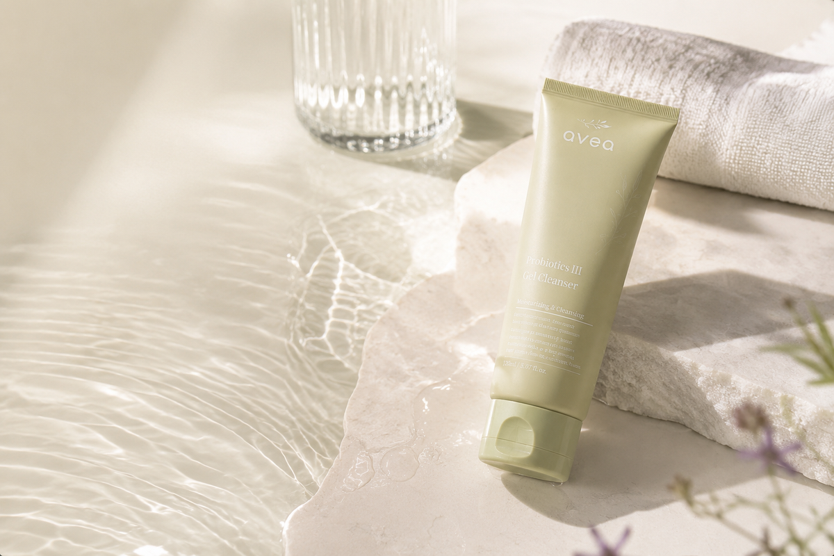 Gel detergente viso delicato AVEA ai probiotici su superficie chiara con riflessi d’acqua