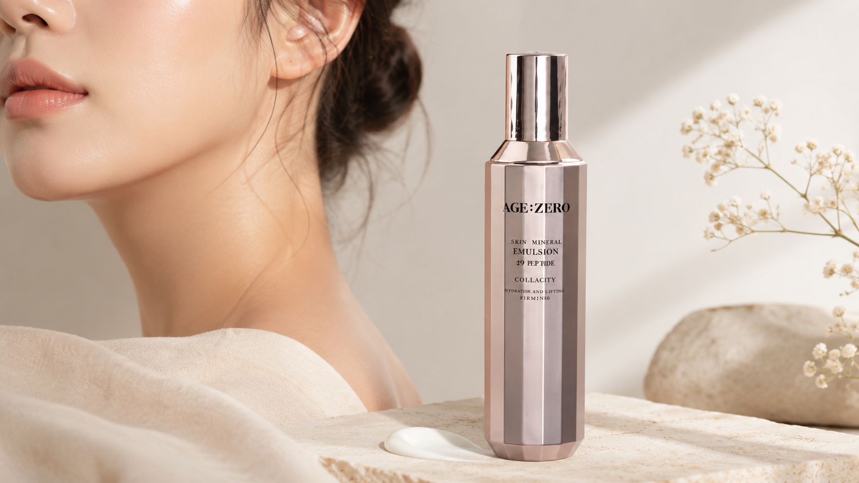 AGE:ZERO Emulsion Boramori accanto a un viso luminoso per una routine dedicata alla pelle grassa disidratata